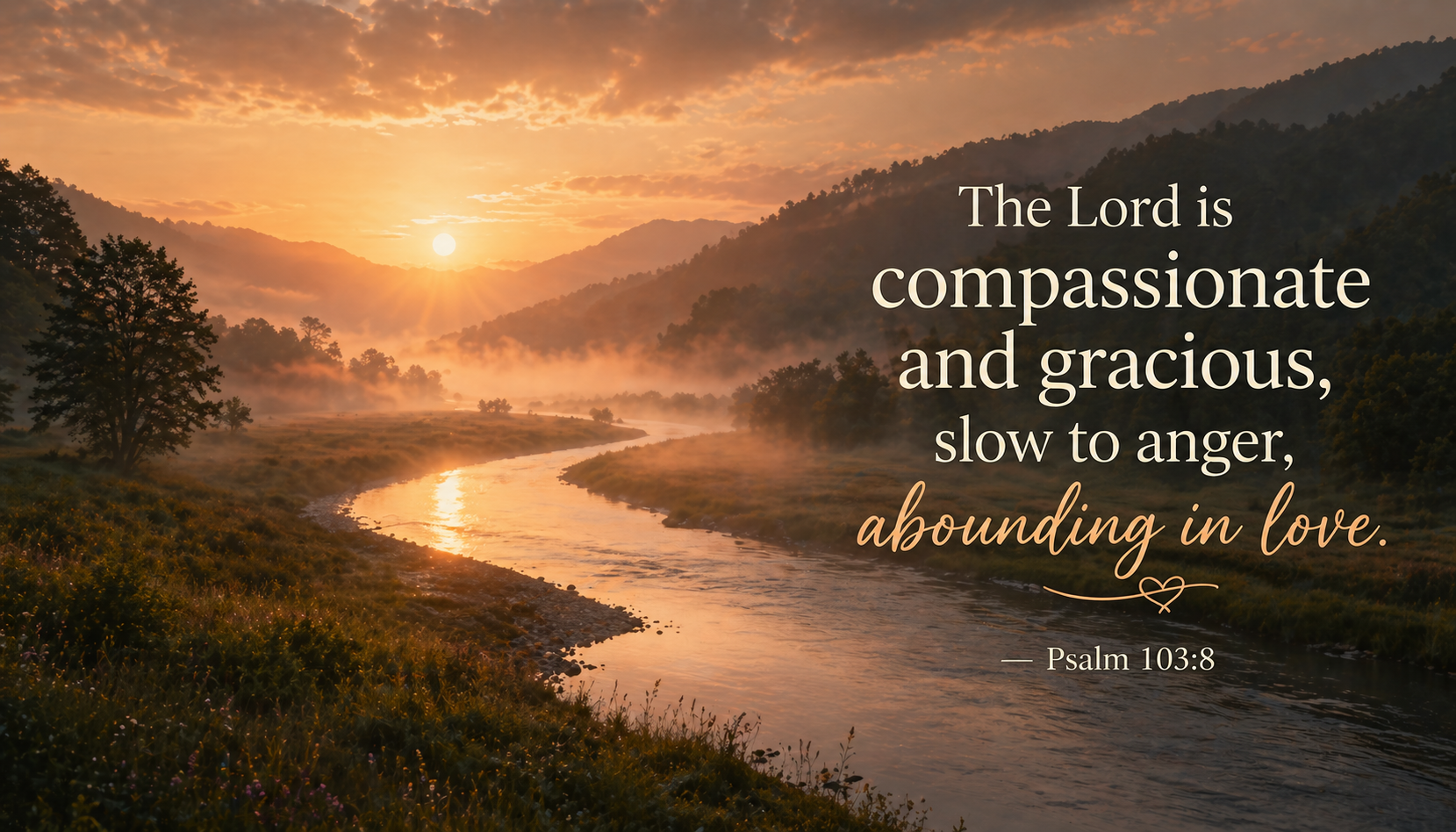 Psalm 103:8 verse on a peaceful misty river landscape at sunrise with golden light